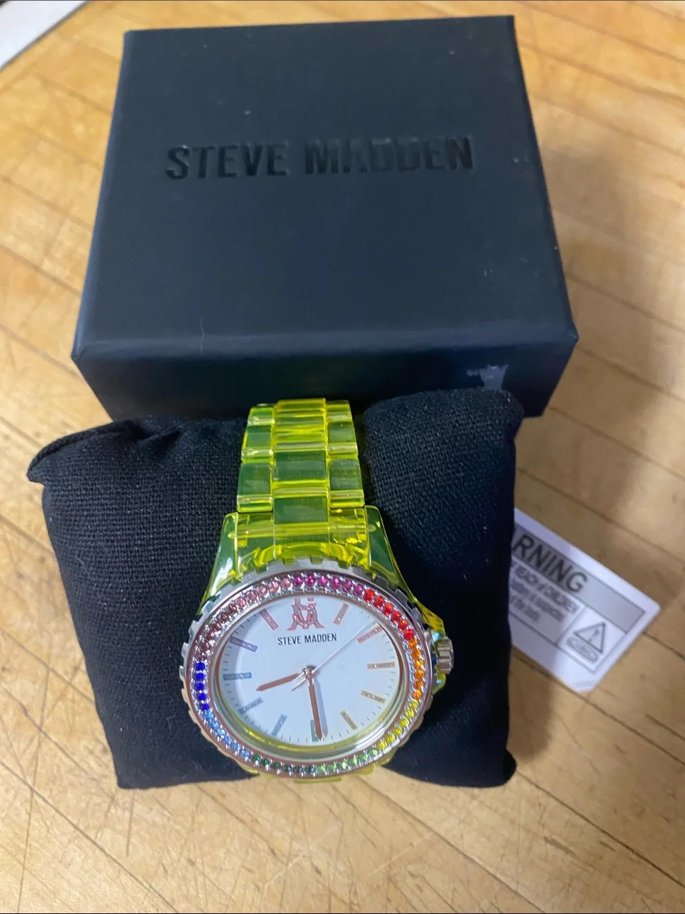 Steve Madden Neon Yellow  Watch with Multicolor Crystal Bezel
